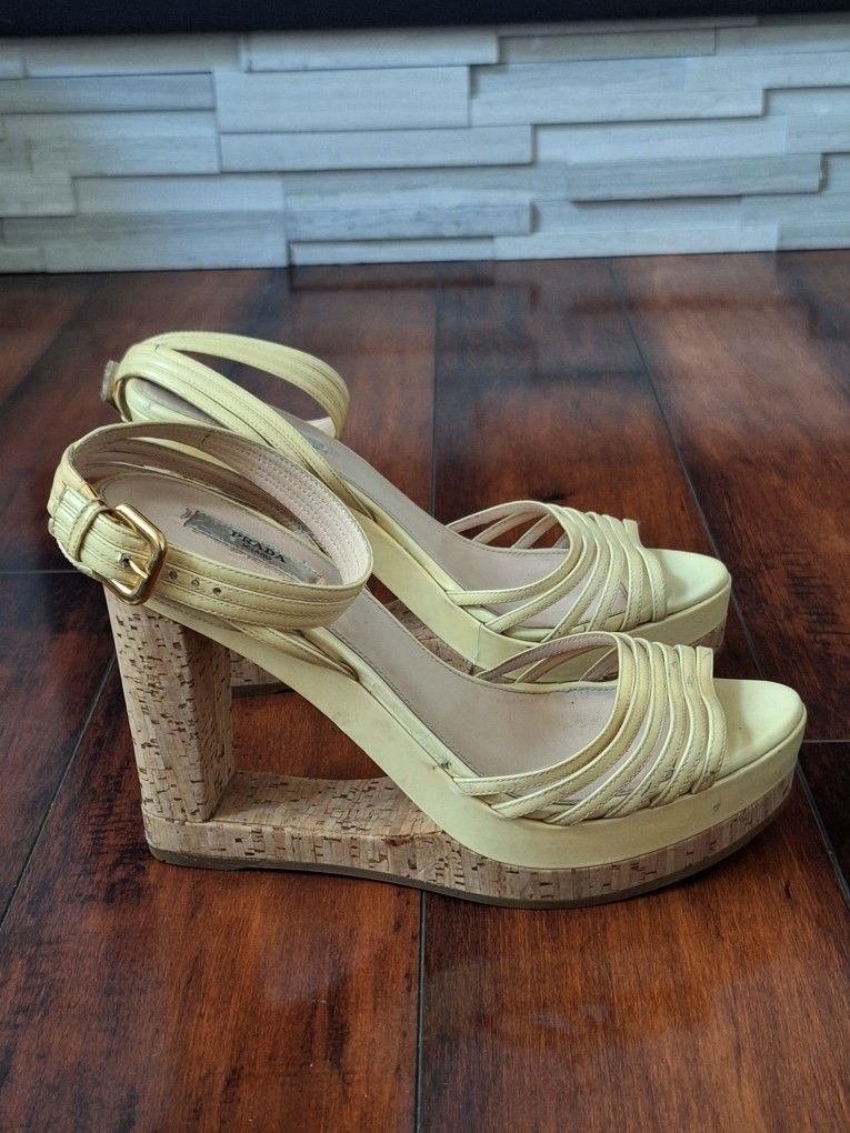 Prada cut out cork wedges heel sandals in pale butter yellow EU 39.5 TO US 9.5