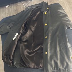 Vintage Unisex Leather Jacket W French Gold Buttons 