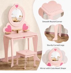 Kids Vanity Table and Chair Set, Little Girls Dressing Makeup Table Pretend Play with 8 Pcs Accessories, Open Shelves, Mirror&Stool, 2-in-1 Convertibl