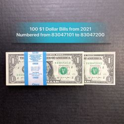 Series 2021, 100 one-dollar bills, Unc and Sequential