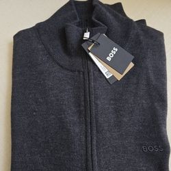 Brand New Gray Hugo Boss Knit Zip Up Men's Cardigan. Size Medium