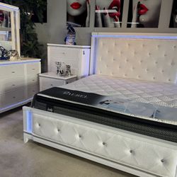 All White Modern Led 5 Pc Bedroom Set With FREE MATTRESS For Only $1599