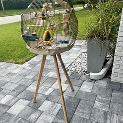 Mid Century Modern Octagon Bird Cage With Accessories 
