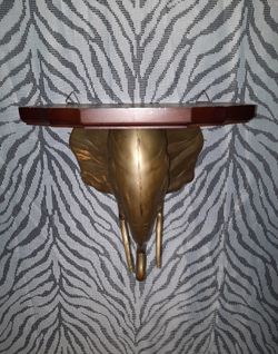 Vintage Brass & Wood Elephant Head Wall Shelf