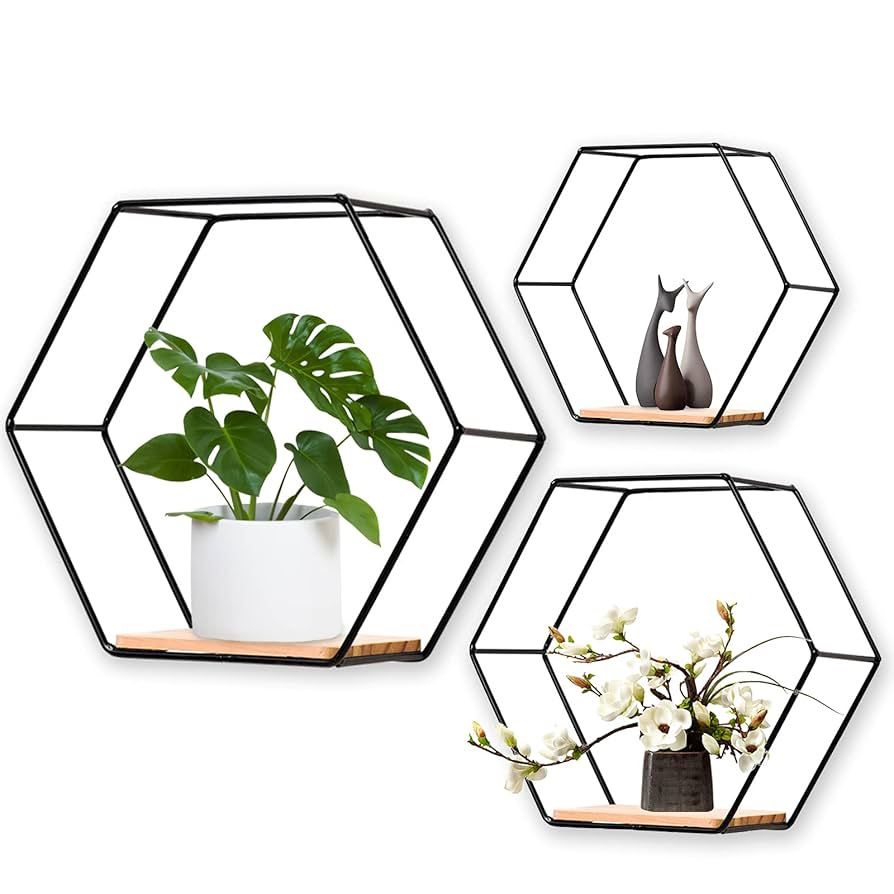 Wall Mounted Hexagonal Floating Shelves Black Set of 3 in Different Sizes, Modern Metal Wall Shelf, Simple Wood Partition Storage Shelves, Wall Decor 