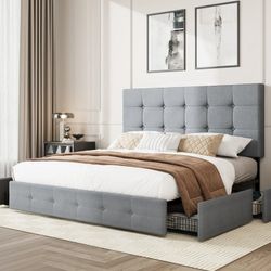 Queen Size Platform Bed Frame with Square-stitched Headboard and 4 Drawers, Light Gray