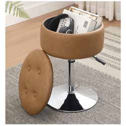 Swivel Vanity Stool with Storage – Adjustable Faux Leather (Brown)