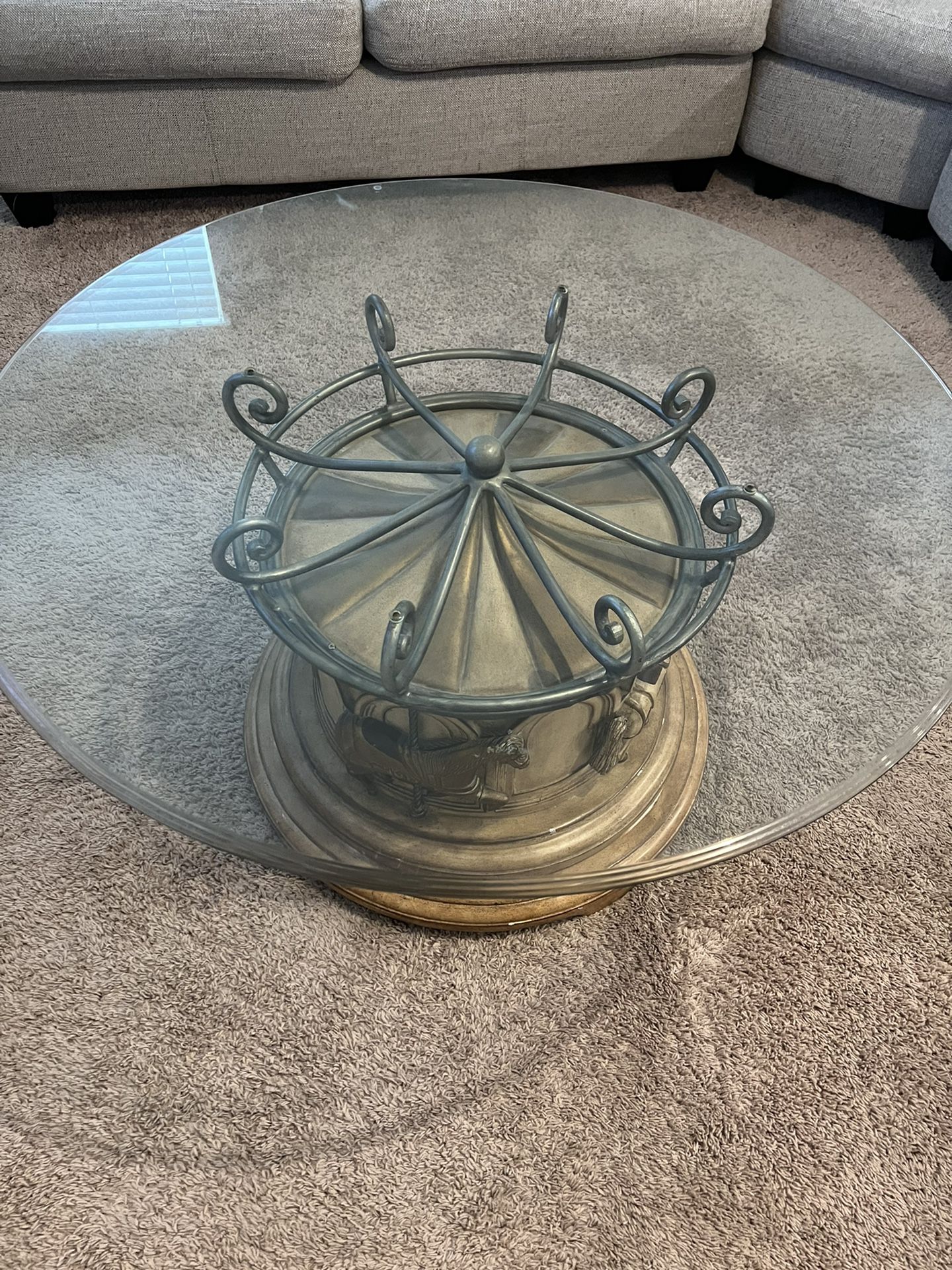 Vintage Beautiful Carousel Merry-Go-Round, Glass Top Coffee Table. Spins 