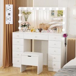 Makeup Vanity Desk with Lighted Mirror, 11 Drawers, Adjustable Lighting, 46 Inch, Includes Stool, White