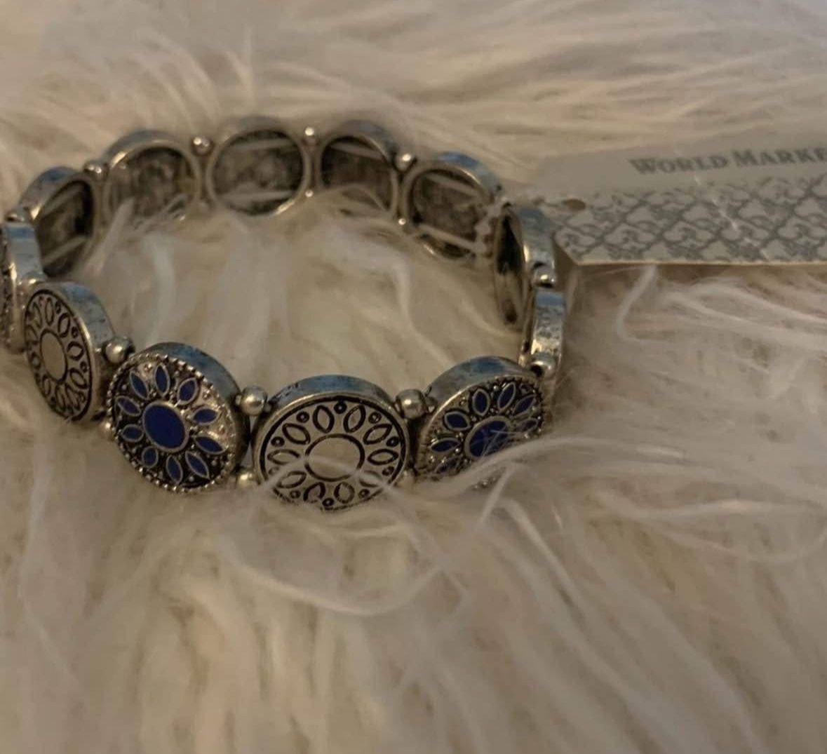 New With Tags World Market Faux Worn Silver & Blue Elastic Bangle Bar Bracelet