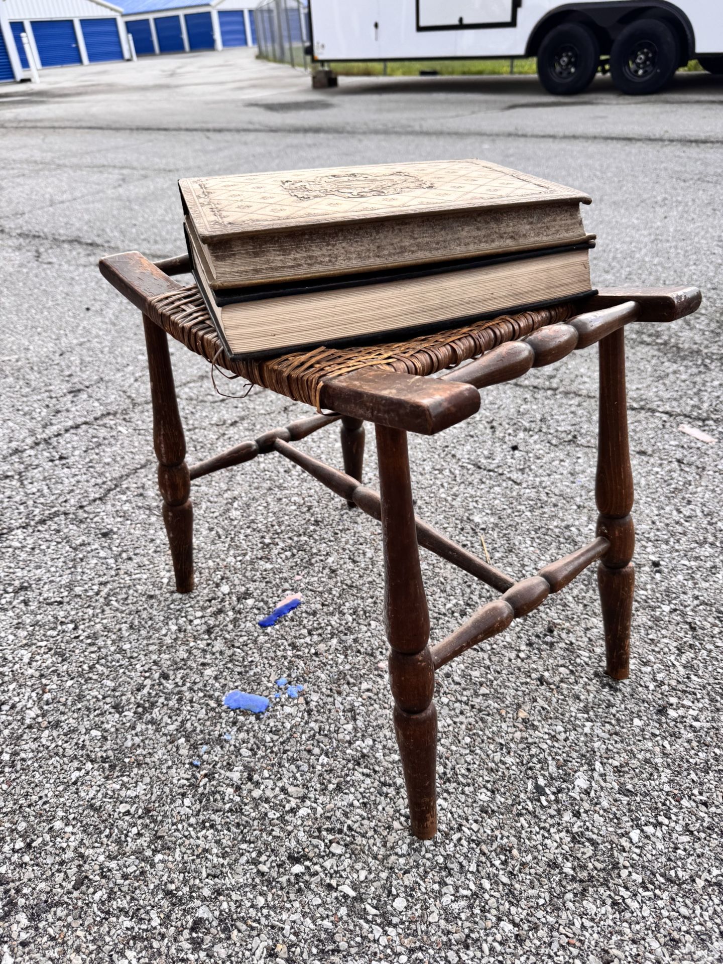 Oakwood turned wood and wicker stool 20th century
