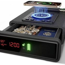Biometric Fingerprint Gun Safe with Phone & Watch Wireless Charging, 3 Quick Access, Clock Handgun Safe with Adjustable Brightness, Backlit Keypad, Pi