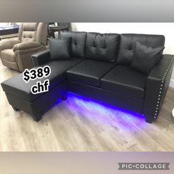 74"W Black PVC Reversible Sectional Sofa Chaise with LED Light,USB Port,Nailhead Trim,Throw Pillows,Tufted Cushion