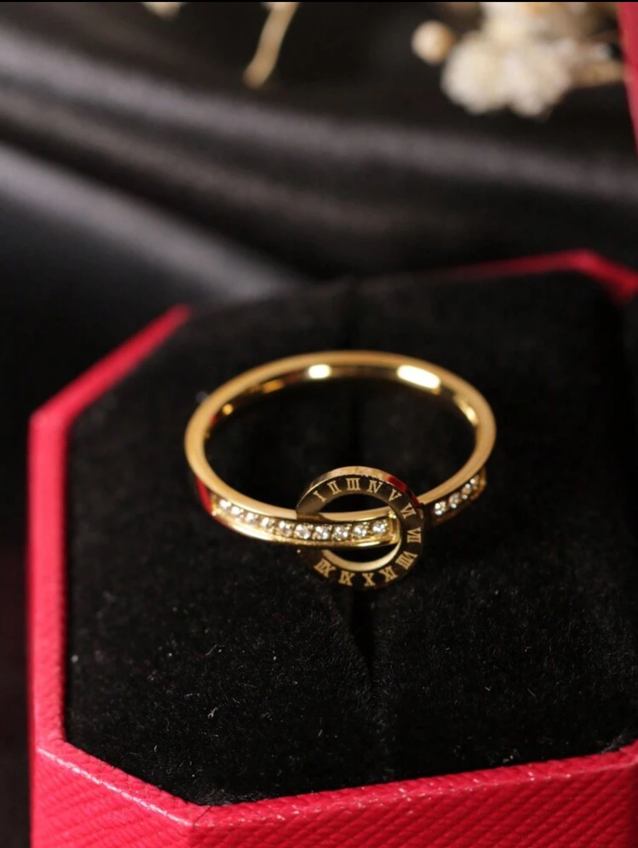 1pc Stainless Steel + 18K Gold Double Ring Roman Numerals Design Micro-Inlaid Diamond Titanium Steel Ring Suitable For Both Men And Women