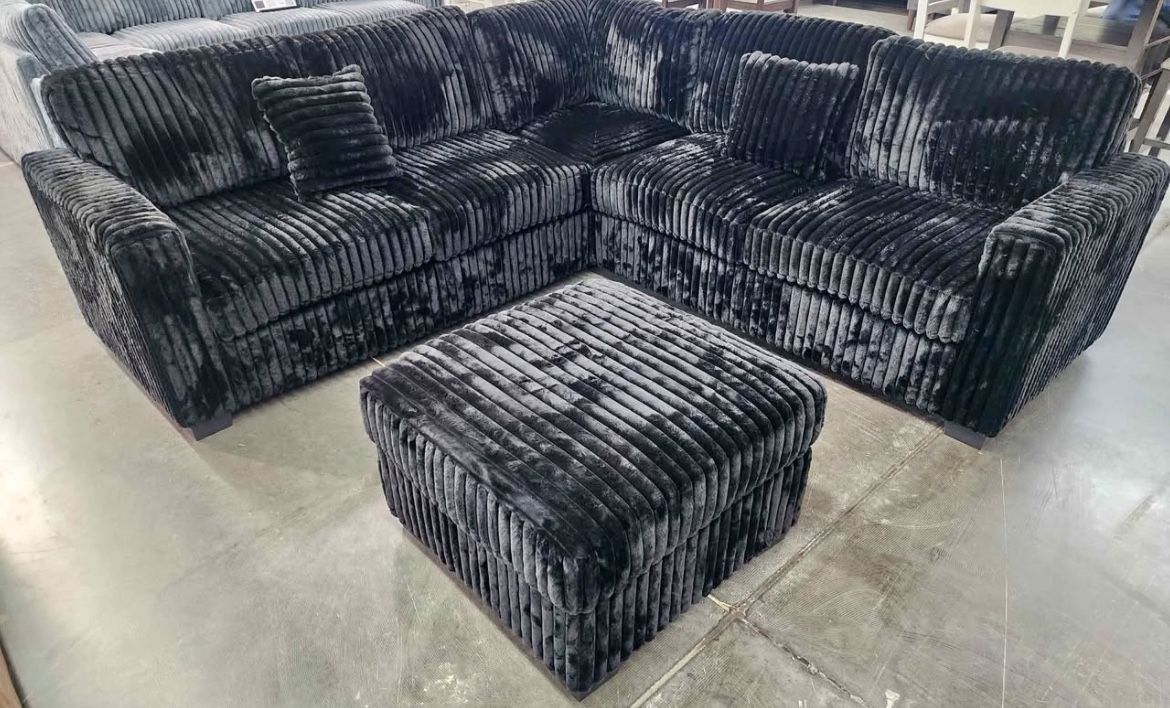 New 99x99 Black Corduroy Sectional Couch / Free Delivery 