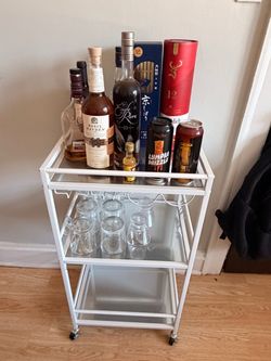White 3-Tier Bar Cart with Glass Shelves + Glasses