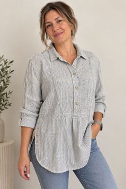 Anthropologie Women M Striped Cotton Tunic Shirt Button Up Boho