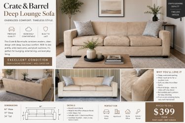 Crate & Barrel Deep Lounge Sofa – Oversized Modern Couch – 87” – Excellent Condition