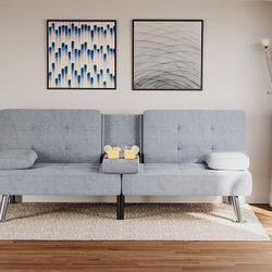 New Modern Fabric Folding Futon Sofa Bed Set Recliner for Living Room with 2 Cup Holders, Removable Armrests (Fabric, Grey)  New in box FS203F0L