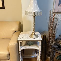Shabby Chic Bohemian Style Crack Painted Small Table With Lamp And Shade