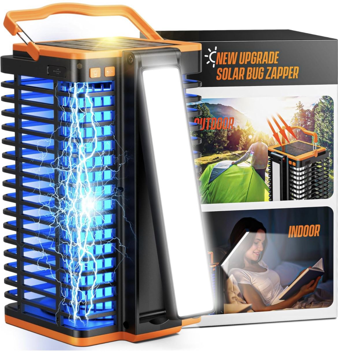 Solar Bug Zapper Outdoor,2 in 1 Mosquito Zapper Cordless & Rechargeable, Kiies 4200V Portable Fly Zapper Insect Trap with Reading Lamp for Camping Pat