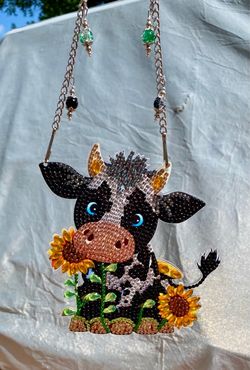 Handmade Diamond Art Sun Catcher COW with Glass Beads Hanger 5x5.5”