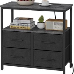 TUTOTAK Large Night Stand with Charging Station, Nightstand Charcoal Grey 