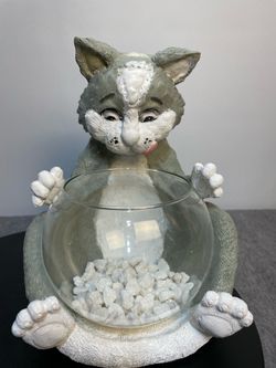 Cat Figurine with Glass Bowl