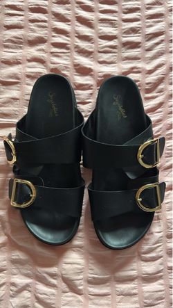 Women’s Seychelles Black Sandals with Gold Buckles