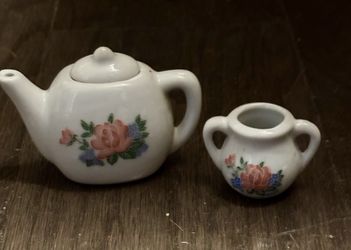 Vintage Miniature Ceramic Tea Set PiecesFloral Design White Pink Green Teapot & Creamer Pieces