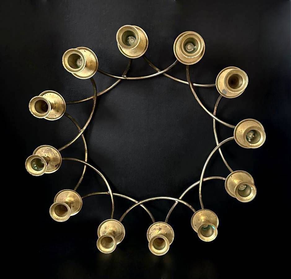 Vintage Mid Century Gold Brass Lacquered 12 Votive Ring Candelabra Candle Stick Holder