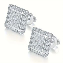 Exquisite Micro Pave Square 14K White Gold-Plated Cubic Zirconia 12mm Men Women Stud Earrings 