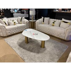 Luxury Beige  / Gold 2 Piece Living Room Sofa And Loveseat Set 