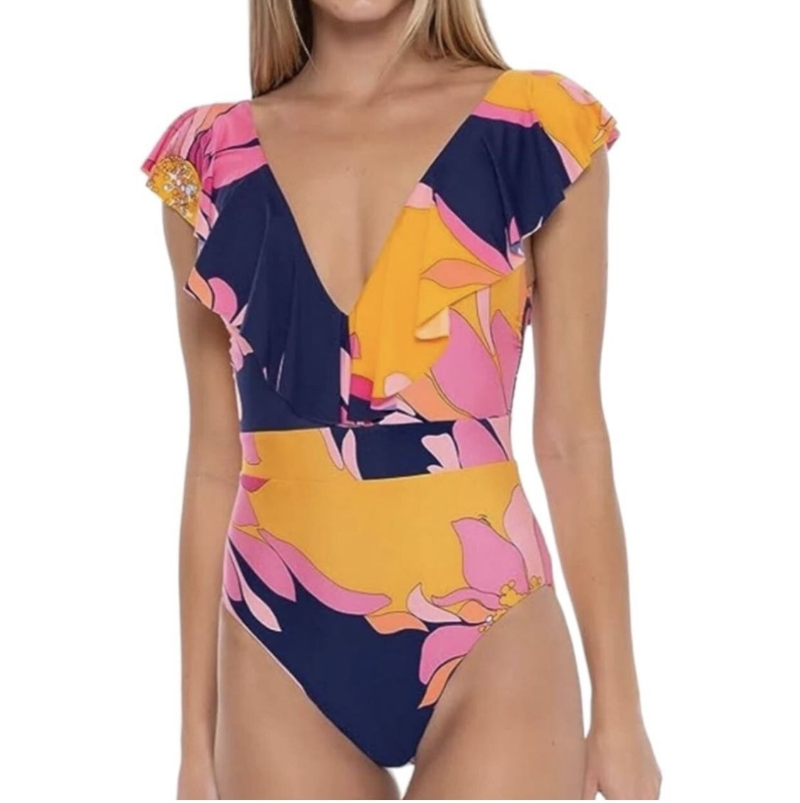 NEW Trina Turk One Piece  Floral Print Ruffled Flounce Swimsuit  Women’s Sz 8