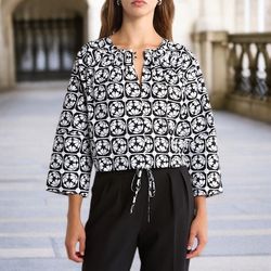 Jason Wu Women’s Black and White Geometric Print Long Sleeve Cropped Blouse Sz M