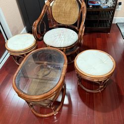 Vintage Rattan Swivel Chair And Stools With Glass Top Table