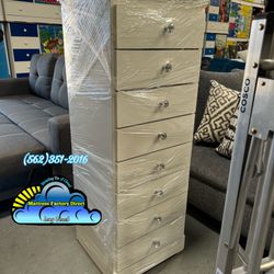 New Paulina White 8 Drawer Wood Slim Dresser Mueble With Diamond Knobs 