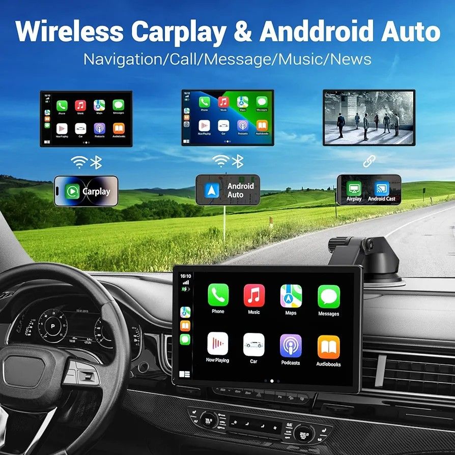 Wireless Carplay Touchscreen with 2.5K Dash Cam, 9Portable Apple Carplay & Android Auto Car Stereo, Carplay Screen with 1080p Backup Camera, GPS Navi