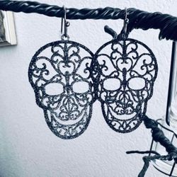 💀Black Skull Halloween Glitter Carved Copper Earrings w Gift Bag