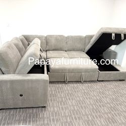 New Light Grey Sectional Sofa Bed, Sleeper Sofa, Sofabed, Couch, Large Sectional Sofa Bed, Sofa, Sectionals, Plush Sectional With Storage, Grey Couch 