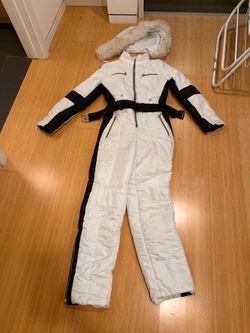 Handmade Women's Ski Suit – White/Black, Real Fur Hood (Retail $247)