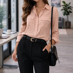 Peach Polka Dot Blouse – Lightweight Button Work Shirt – Size Medium