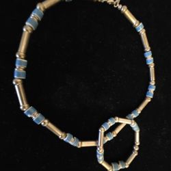 Beautiful Blue & Metal Colored Choker Style Necklace & Bracelet 