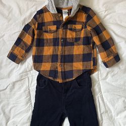 Little Me Baby Boy Orange & Navy Flannel Hoodie & Corduroy Pants Outfit 12m
