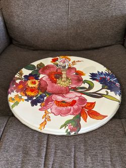 Brand New MacKenzie-Childs Floral Cream and Gold Round Ceramic Serving Tray