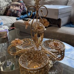 Gold colored lazy Susan serving dish 3 compartment