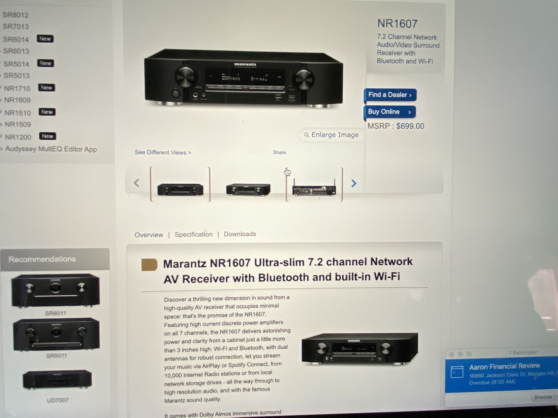 Marantz NR1607 Ultra-slim 7.2 channel Network AV receiver with Bluetooth and built-in Wi-Fi