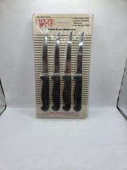 Vtg Diamond Cut 4pc Steak Knives Stainless Steel Black Handles Factory Sealed