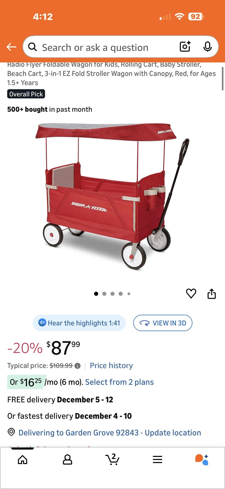 Radio Flyer Foldable Wagon for Kids, Rolling Cart, Baby Stroller, Beach Cart, 3-in-1 EZ Fold Stroller Wagon with Canopy, Red, for Ages 1.5+ Years