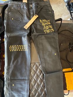 SZE 33 Black Leather Pants with Gold Graphic Detail